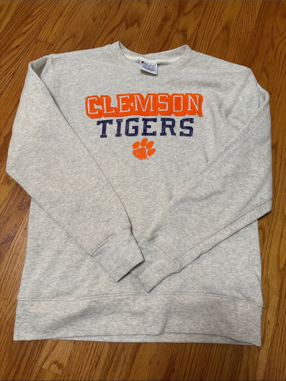 Champion Vintage Clemson Tigers Gray Crewneck Sweatshirt with Orange & Navy Logo
